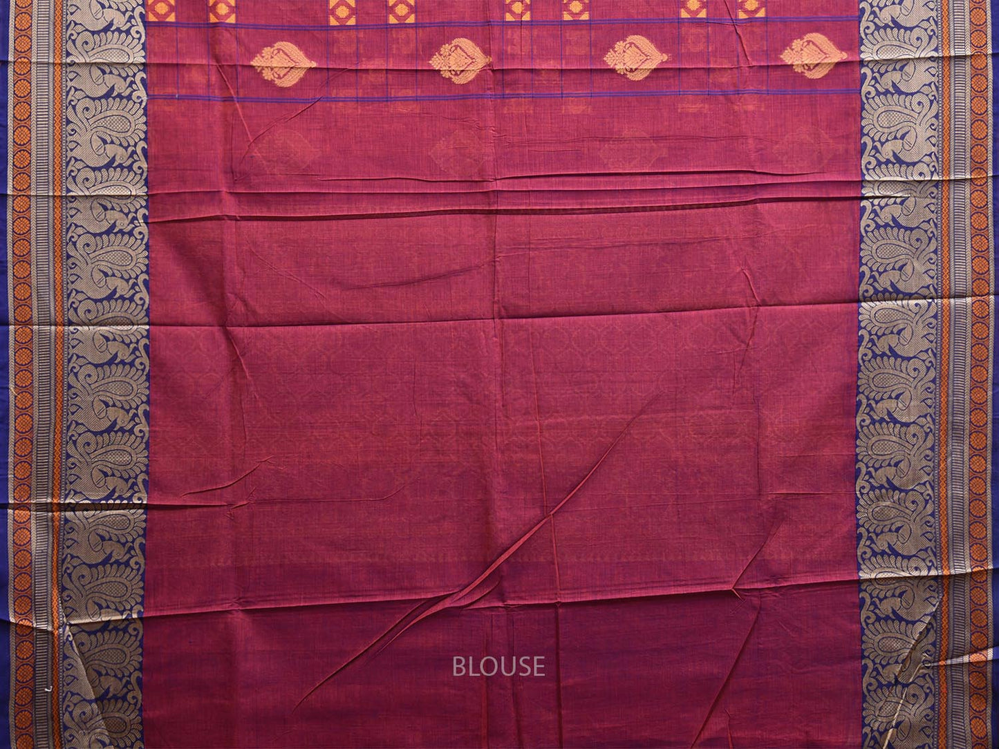 Purple and Blue Kanchipuram Cotton Saree with Checks Buta and Pallu Design k0792