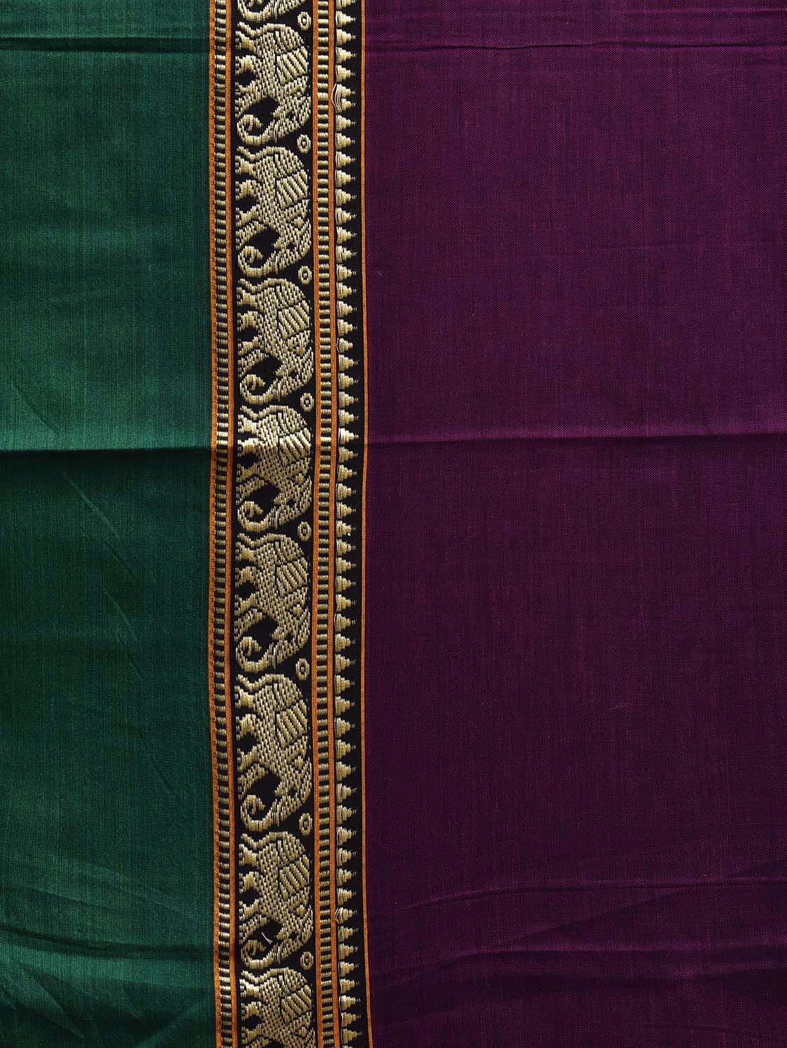 Purple and Green Narayanpet Cotton Plain Saree with Strips and Elephant Border Design No Blouse np1092