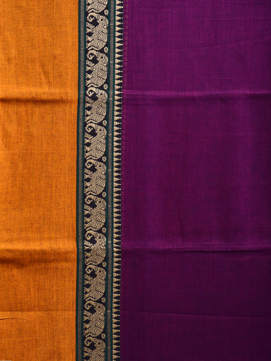 Purple and Yellow Narayanpet Cotton Plain Saree with Strips and Elephant Border Design No Blouse np1096
