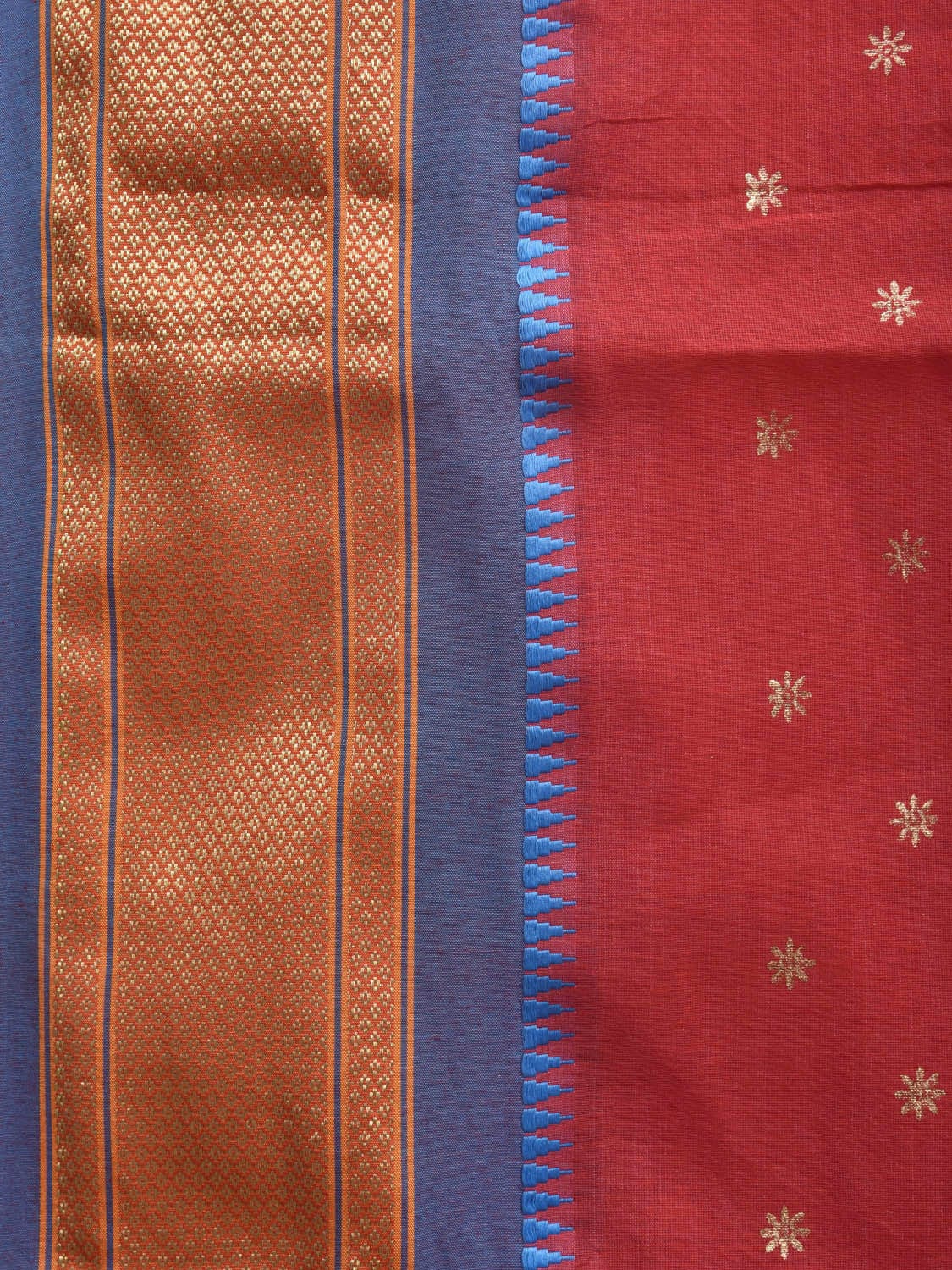 Red and Blue Bamboo Cotton Saree with Printed Buta Design No Blouse bc0360