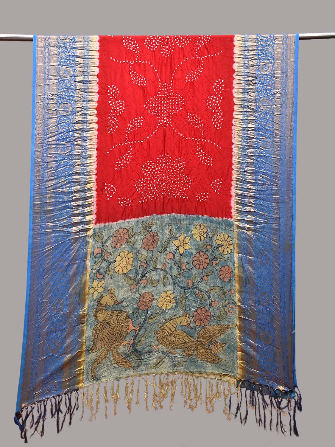 Red and Blue Bandhani Kalamkari Hand Painted Kanchipuram Silk Handloom Dupatta with Floral and Birds Design ds3637