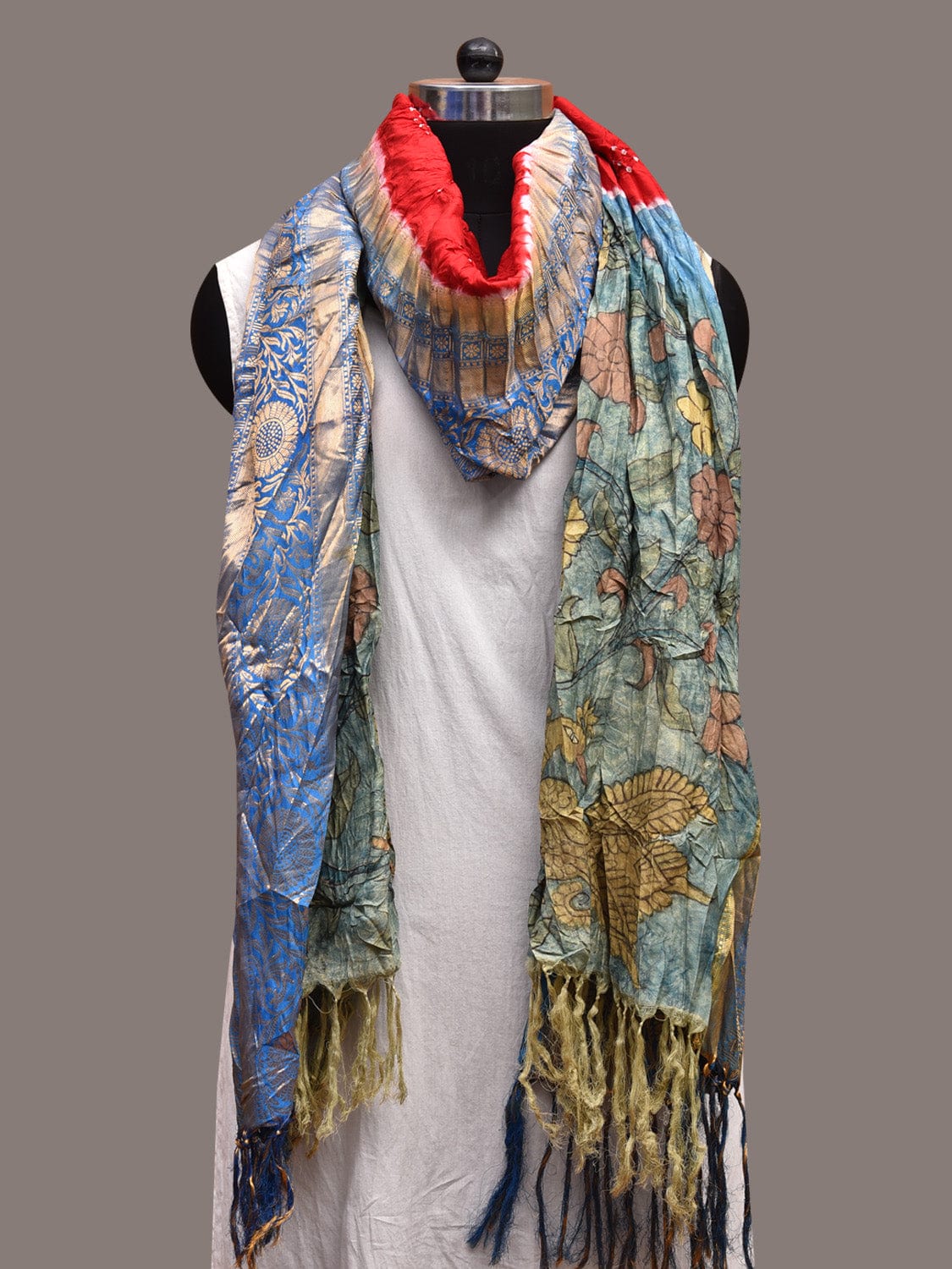Red and Blue Bandhani Kalamkari Hand Painted Kanchipuram Silk Handloom Dupatta with Floral and Birds Design ds3637