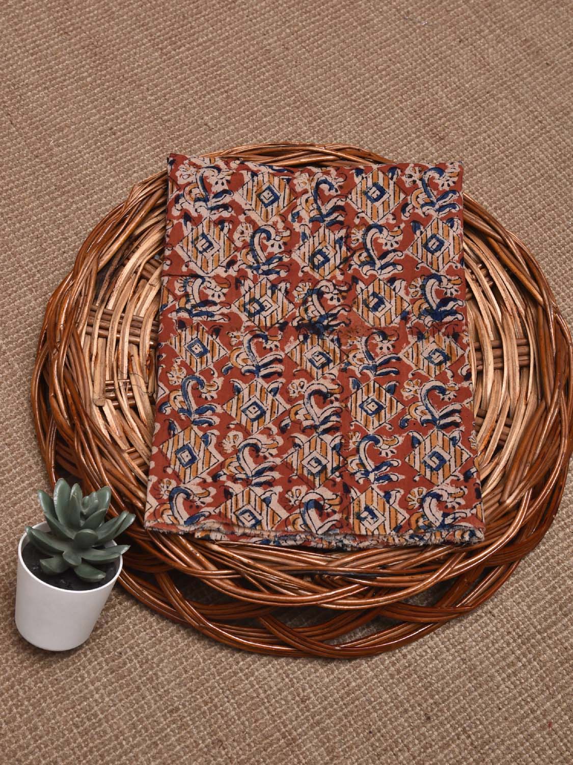 Red and Blue Kalamkari Block Print Cotton Blouse with Geometric Design Length 1mt Width 44 Inches BL0134