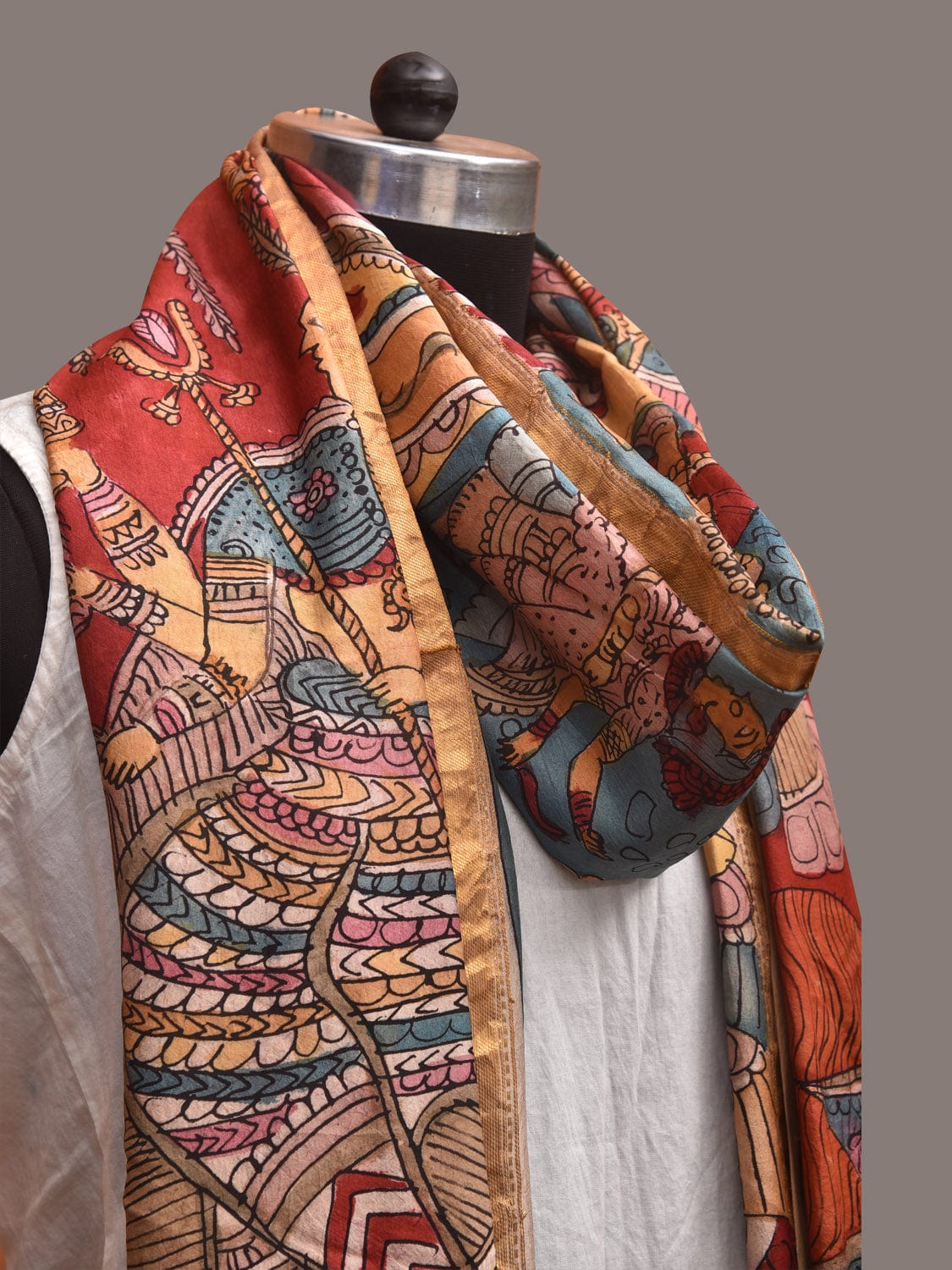 Red and Blue Kalamkari Hand Painted Kanchipuram Silk Handloom Dupatta with Durga Design ds3597