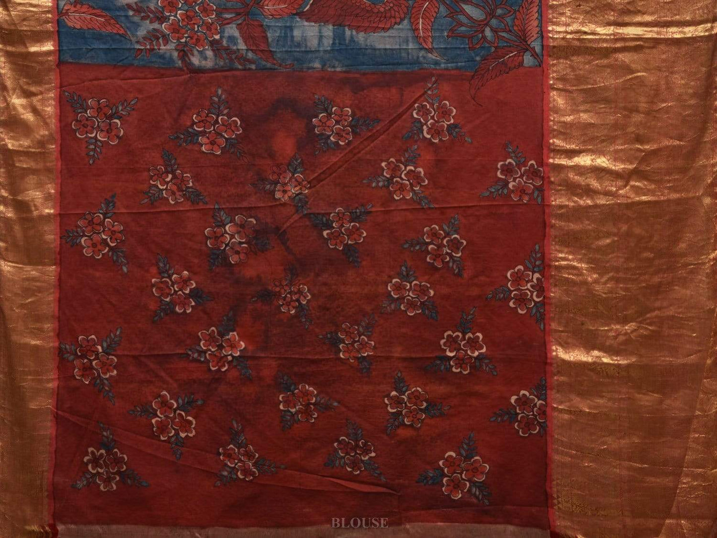 Red and Blue Kalamkari Hand Painted Kanchipuram Silk Handloom Saree with Birds and Floral Design KL0553