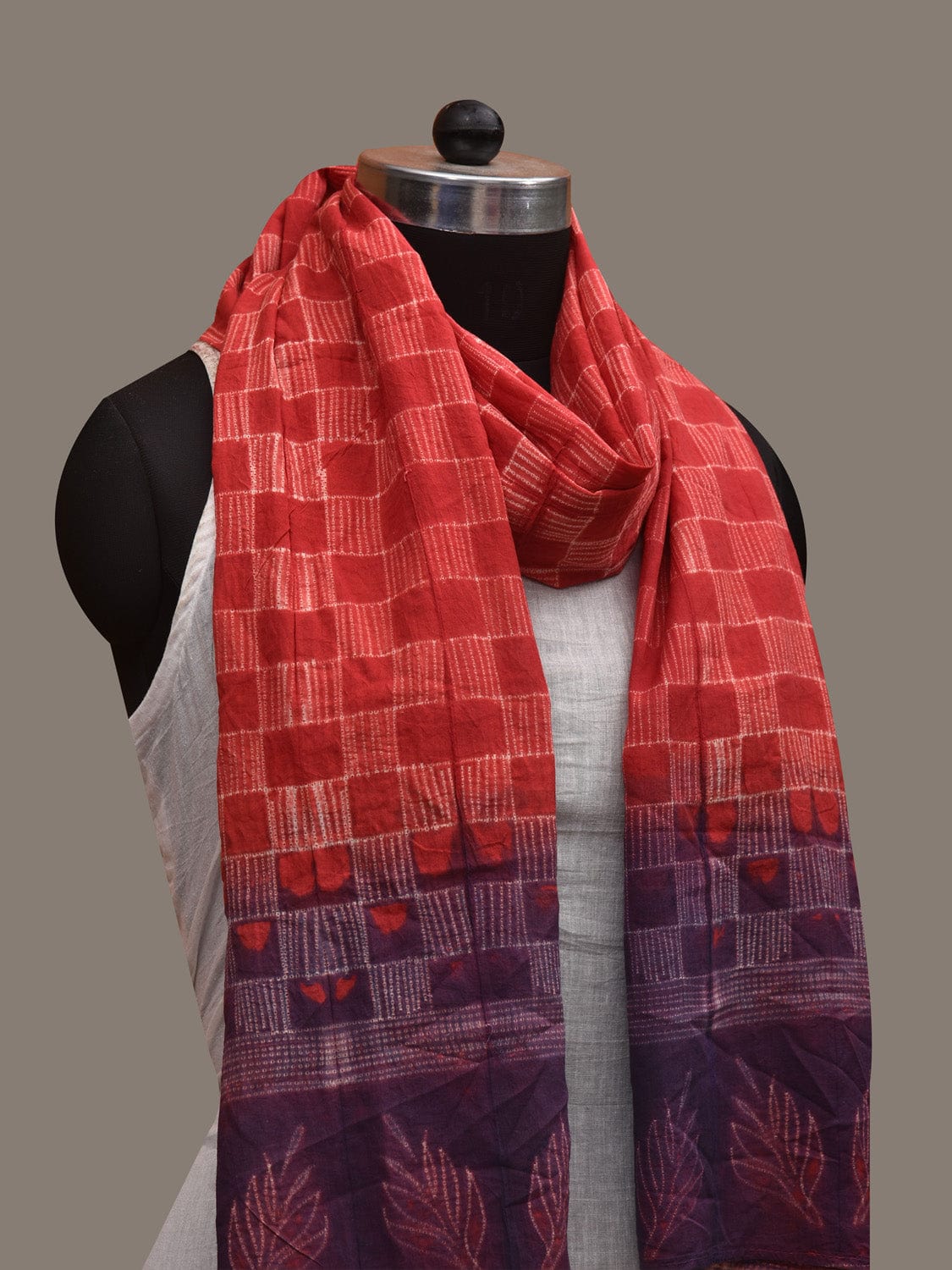 Red and Blue Shibori Cotton Handloom Stole with Checks Design ds2943
