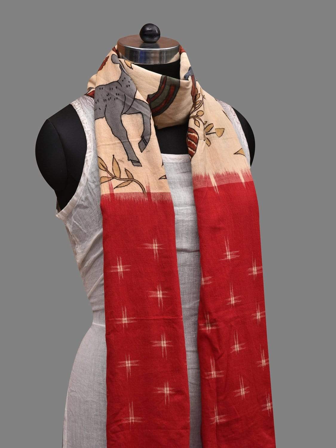 Red and Cream Kalamkari Hand Painted Ikat Cotton Handloom Dupatta with Birds and Deers Design ds2603