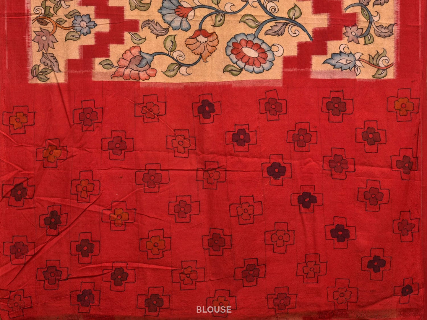 Red and Cream Kalamkari Hand Painted Ikat Cotton Handloom Saree with Floral Design KL0771