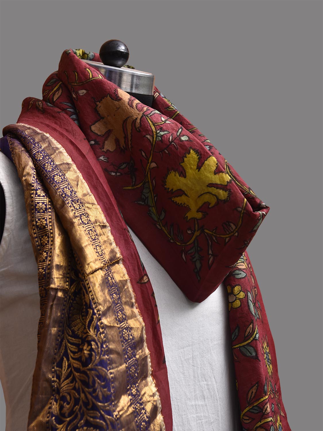 Red and Dark Blue Kalamkari Hand Painted Kanchipuram Silk Dupatta with Tree of Life Design ds3770