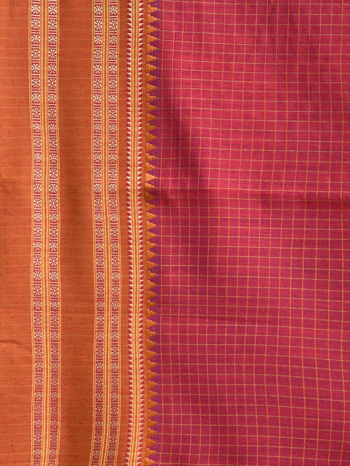 Red and Fawn Bamboo Cotton Saree with Checks Design No Blouse bc0795