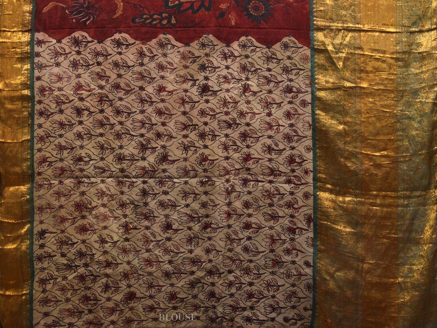 Red and Green Kalamkari Hand Painted Kanchipuram Silk Handloom Saree with Big Floral Design KL0589