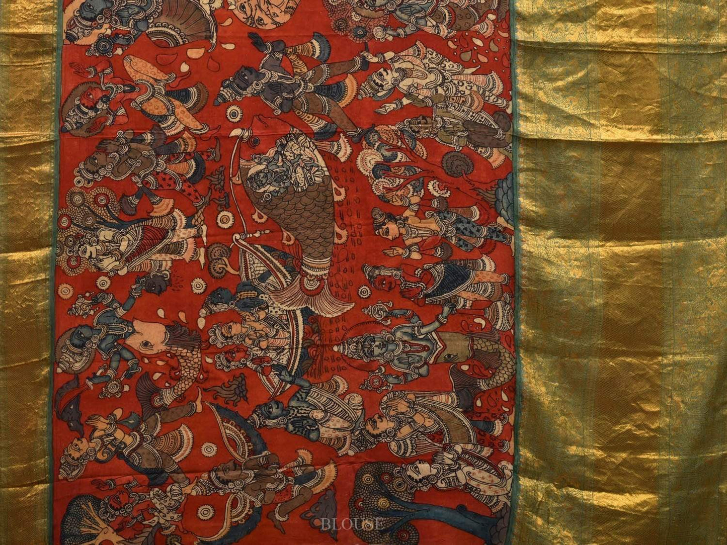 Red and Green Kalamkari Hand Painted Kanchipuram Silk Handloom Saree with Krishna Leela Design KL0577