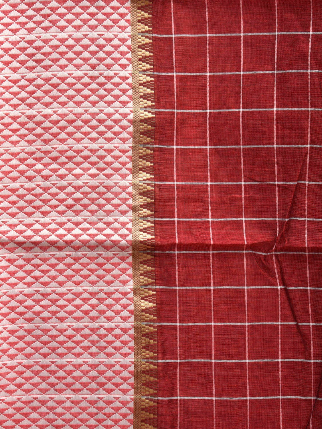 Red and Grey Bamboo Cotton Saree with Big Checks Design No Blouse bc0384