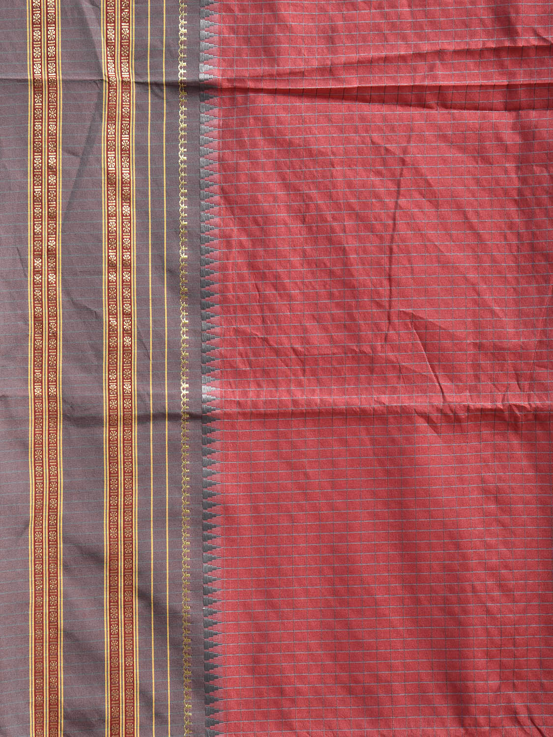 Red and Grey Bamboo Cotton Viscose Silk Saree with Checks Design No Blouse bc0835