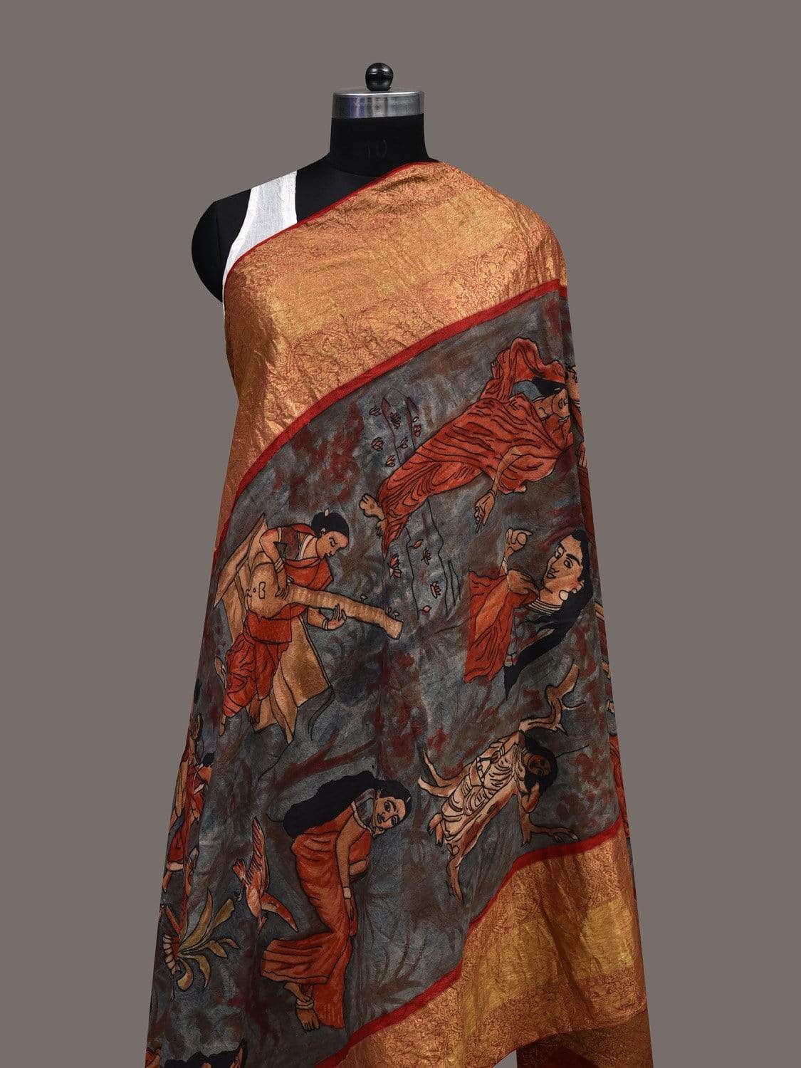 Red and Light Blue Kalamkari Hand Painted Kanchipuram Silk Handloom Dupatta with Painting Design ds2428