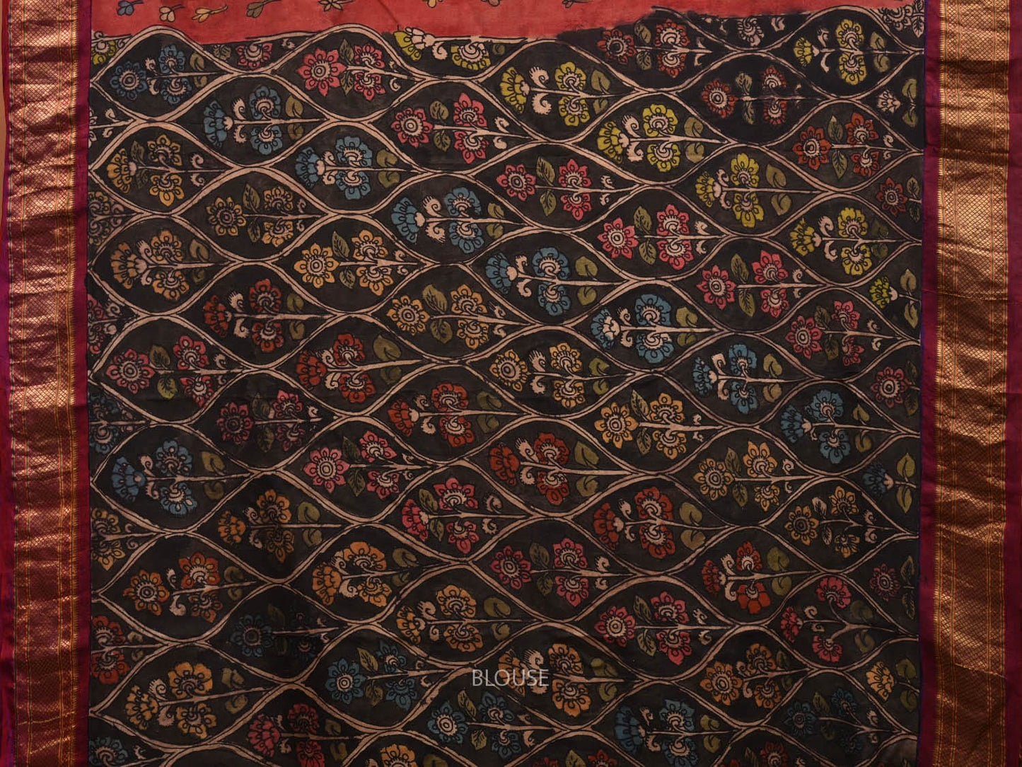 Red and Purple Kalamkari Hand Painted Paithani Silk Handloom Saree with Flowers Design KL0601