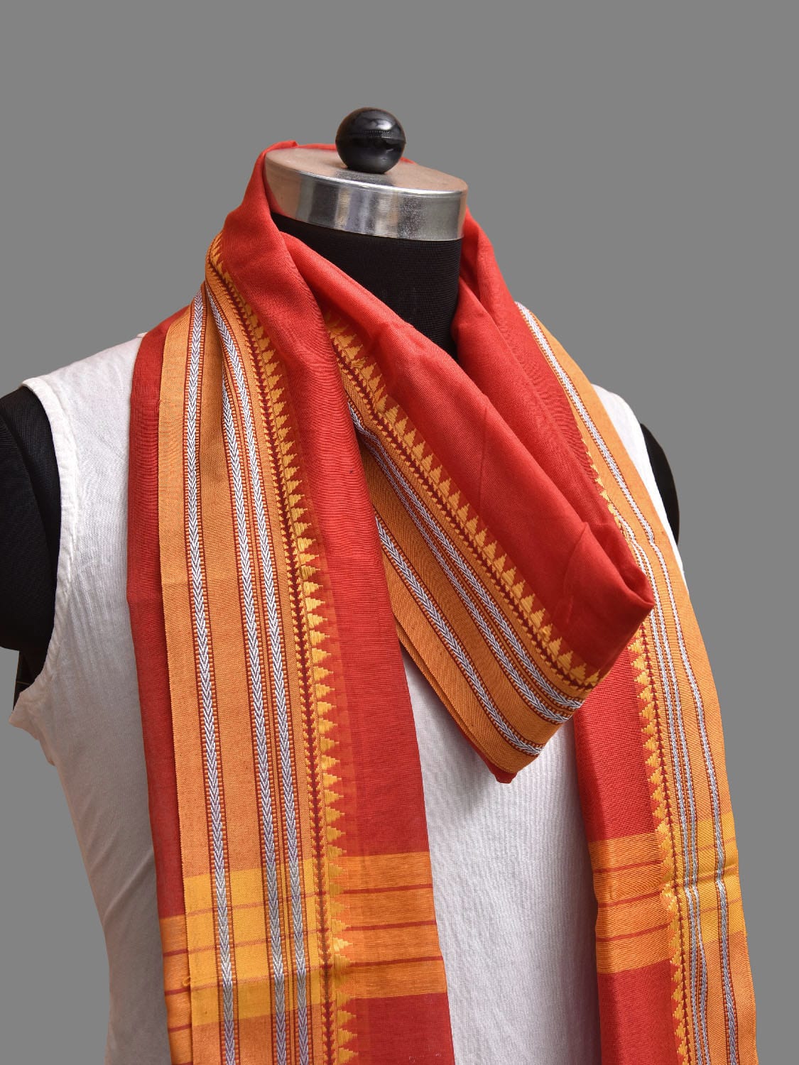Red and Yellow Bamboo Cotton Dupatta with Small Temple Border Design ds3869