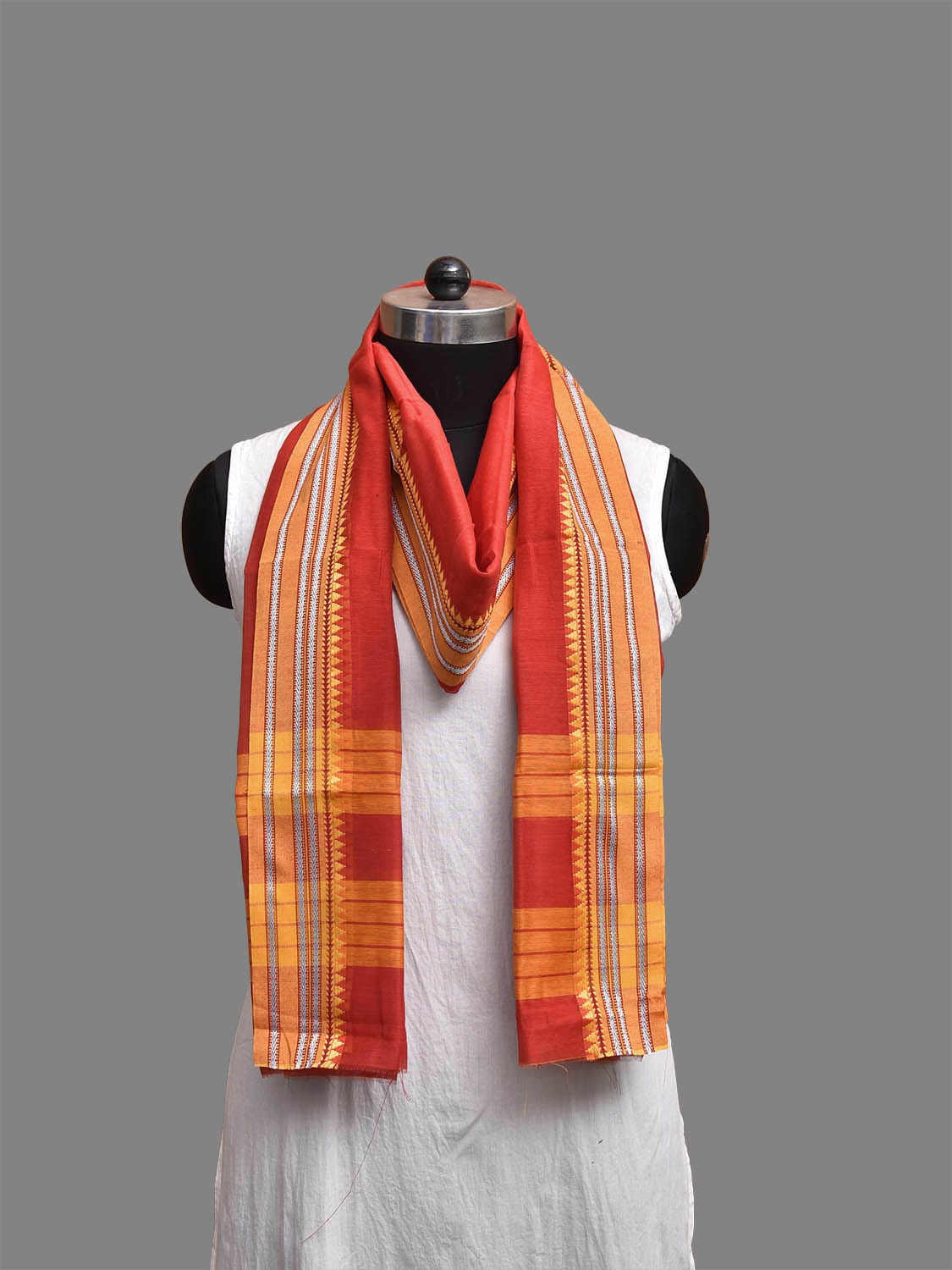 Red and Yellow Bamboo Cotton Dupatta with Small Temple Border Design ds3869
