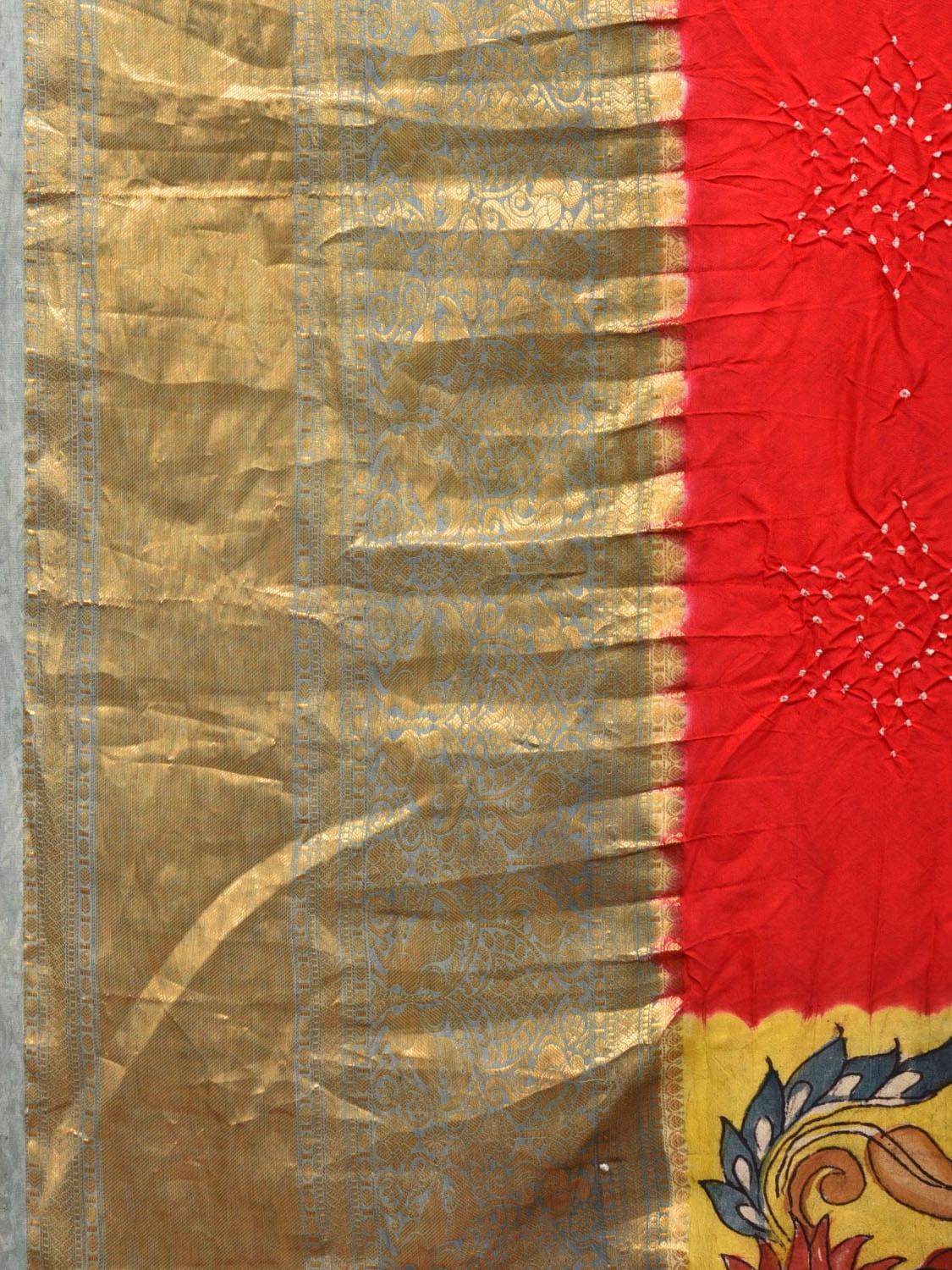 Red and Yellow Bandhani Kanchipuram Silk Handloom Saree with Kalamkari Floral and Birds Pallu Design bn0490