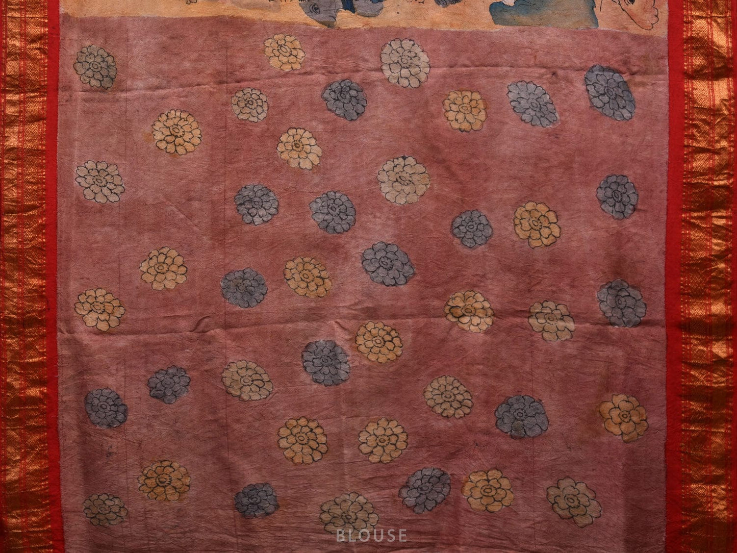 Red and Yellow Kalamkari Hand Painted Gadwal Silk Handloom Saree with Krishna and Cows Design KL0612