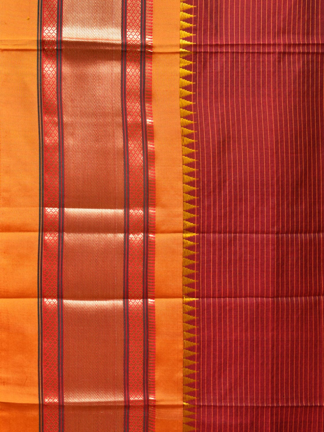 Red and Yellow Narayanpet Silk Saree with Strips Design No Blouse np0782