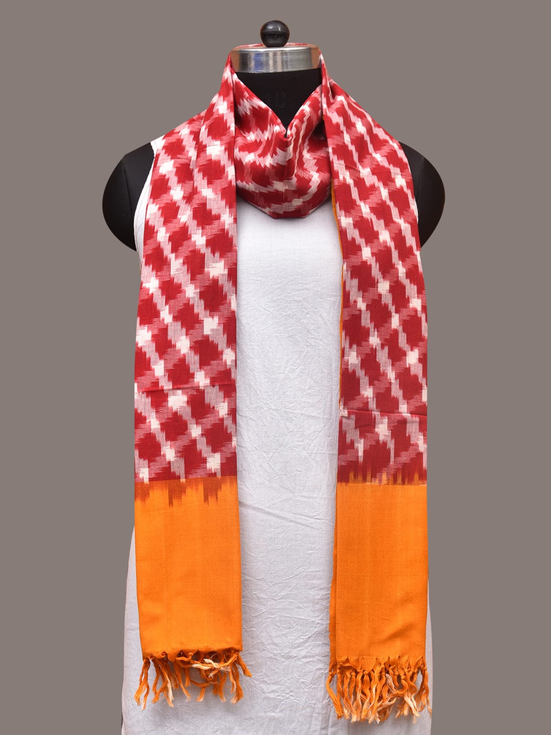Red and Yellow Pochamaplly Ikat Cotton Handloom Dupatta with Grill Design ds3357