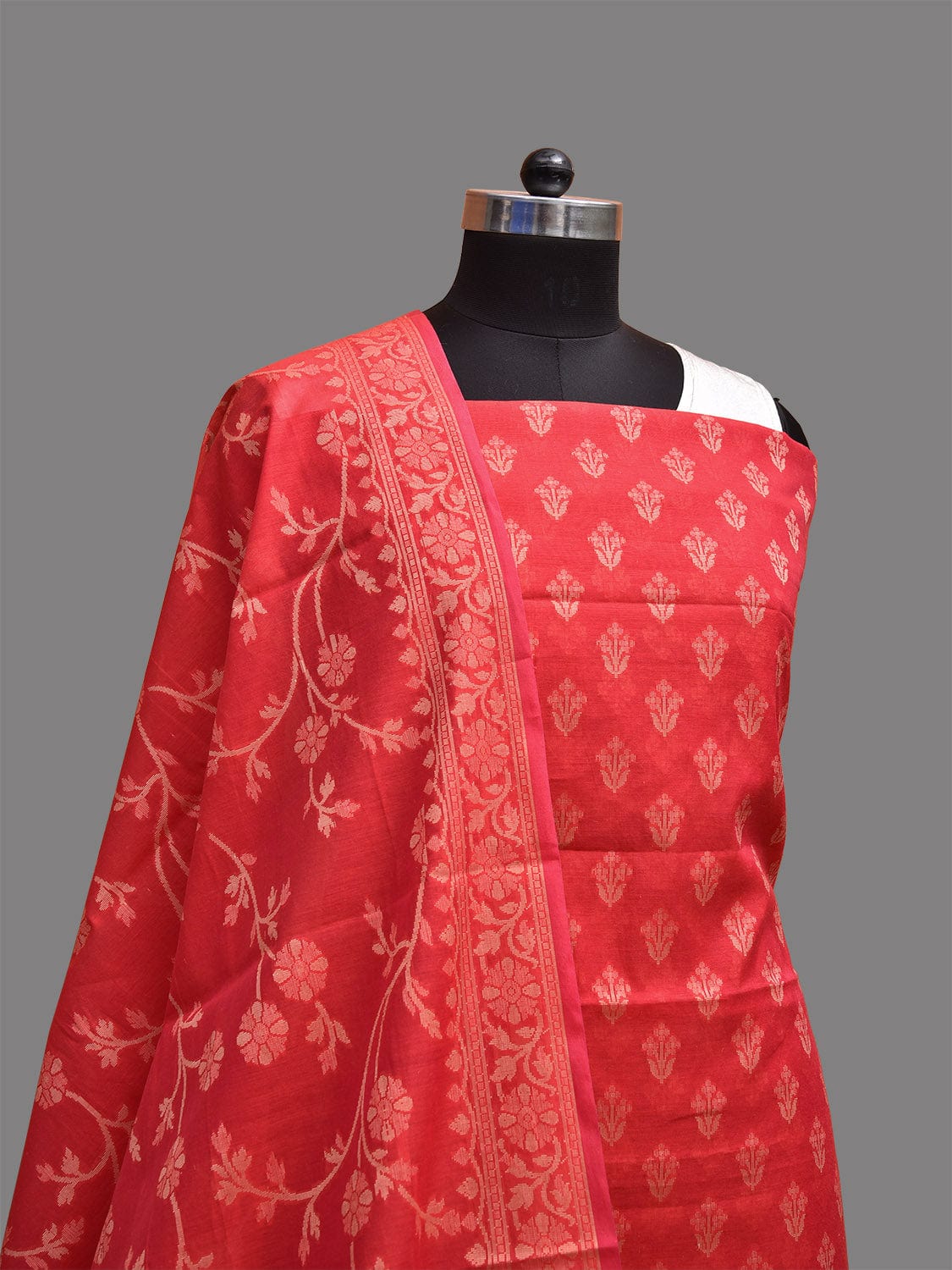 Red Banaras Cotton Viscose Dress Material with Dupatta, Top and Plain Bottom Design dm0072