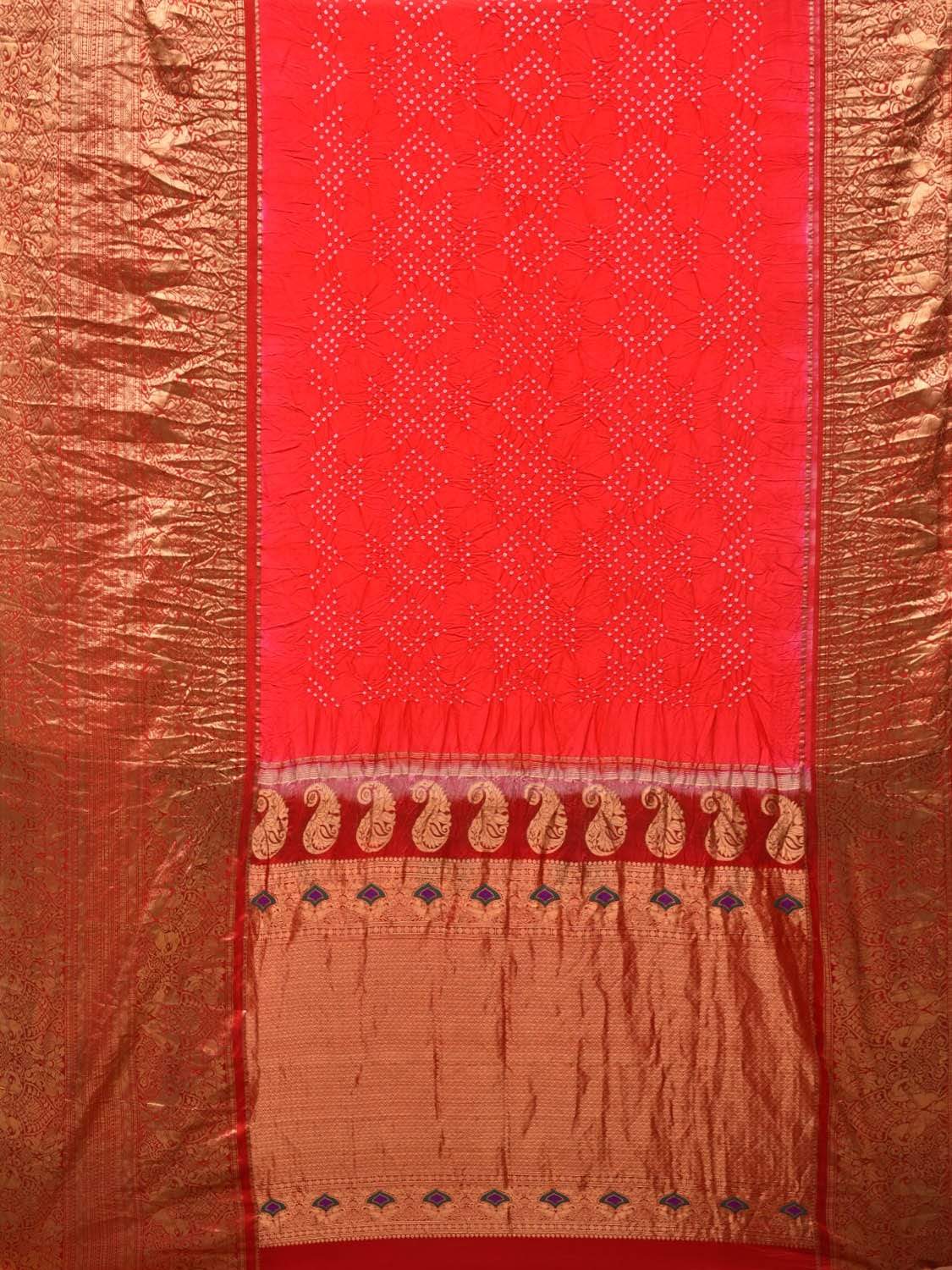 Red Bandhani Kanchipuram Silk Handloom Saree with Big Border and Mango Pallu Design bn0166