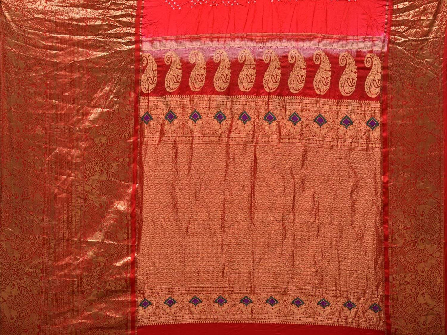 Red Bandhani Kanchipuram Silk Handloom Saree with Big Border and Mango Pallu Design bn0166