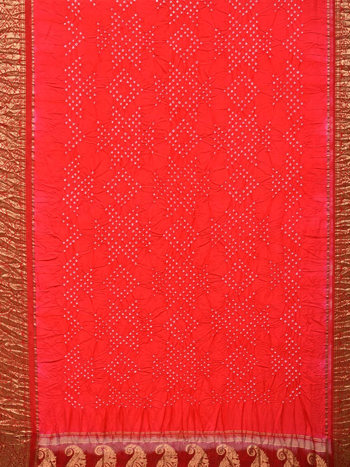 Red Bandhani Kanchipuram Silk Handloom Saree with Big Border and Mango Pallu Design bn0166