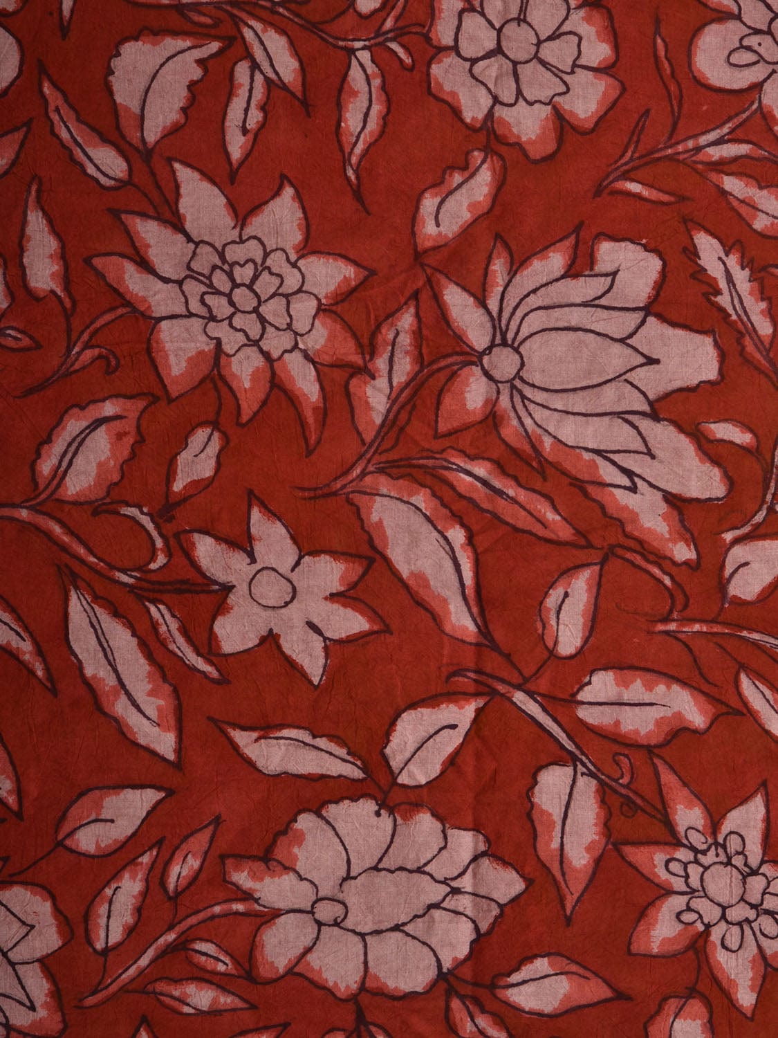 Red Kalamkari Hand Painted Cotton Handloom 3mts Fabric with Floral Design f0205