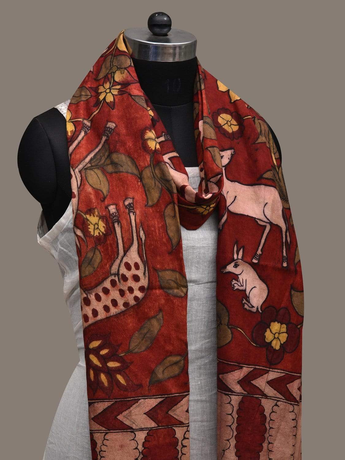 Red Kalamkari Hand Painted Cotton Silk Handloom Dupatta with Animals Design ds2547