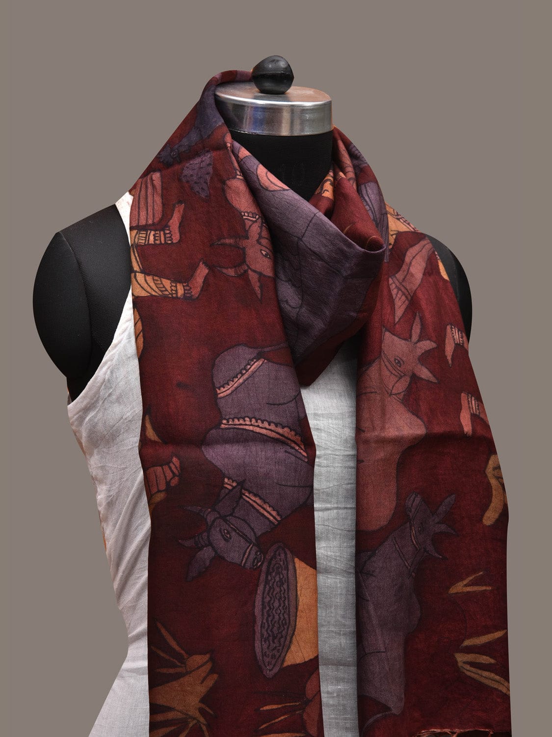 Red Kalamkari Hand Painted Cotton Silk Handloom Stole with Village Theme Design ds2708