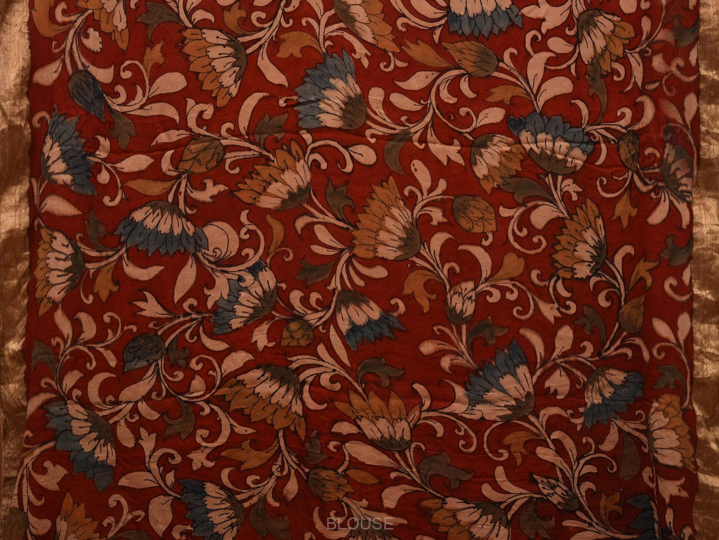 Red Kalamkari Hand Painted Crepe Saree with Floral and Embroidary Design KL0678