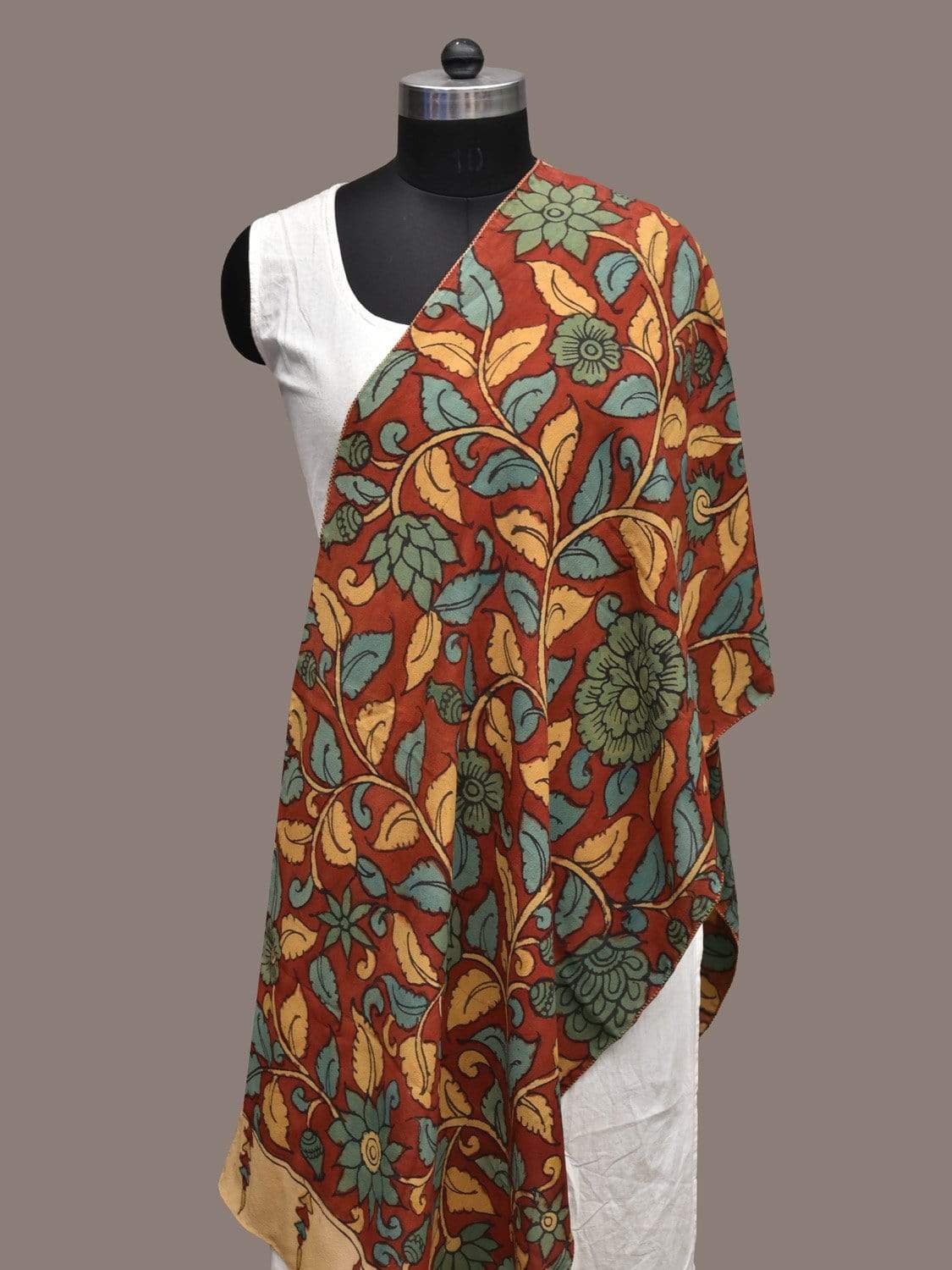 Red Kalamkari Hand Painted Crepe Stole with Floral Design ds2260