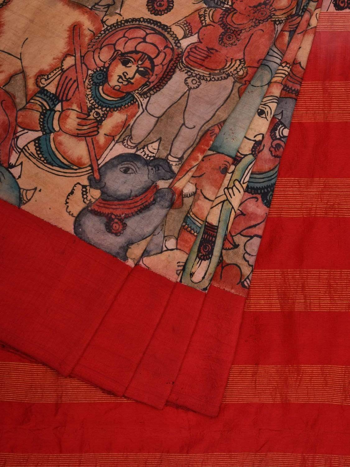 Red Kalamkari Hand Painted Gadwal Silk Handloom Saree with Krishna and Cows Design KL0556