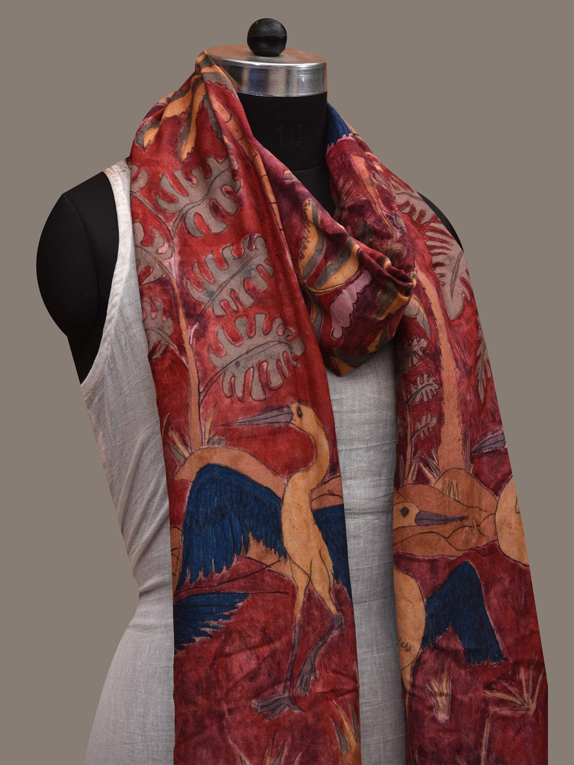 Red Kalamkari Hand Painted Kanchipuram Silk Dupatta with Trees and Birds Design ds2931