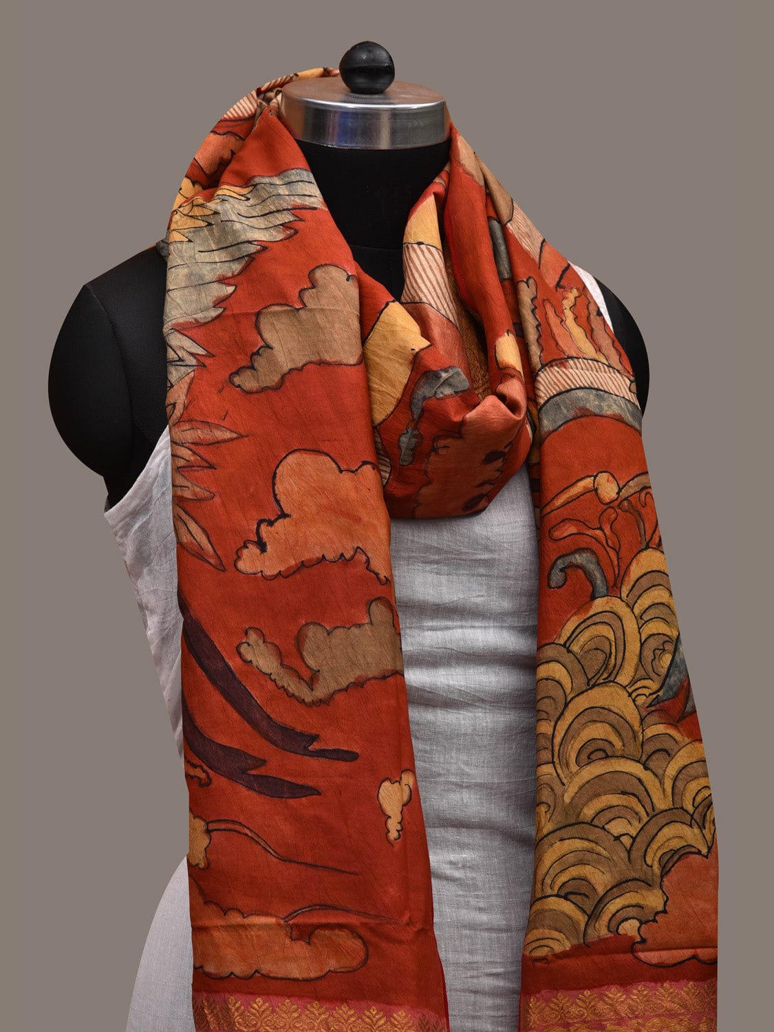 Red Kalamkari Hand Painted Kanchipuram Silk Handloom Dupatta with Birds and Clouds Design ds2669