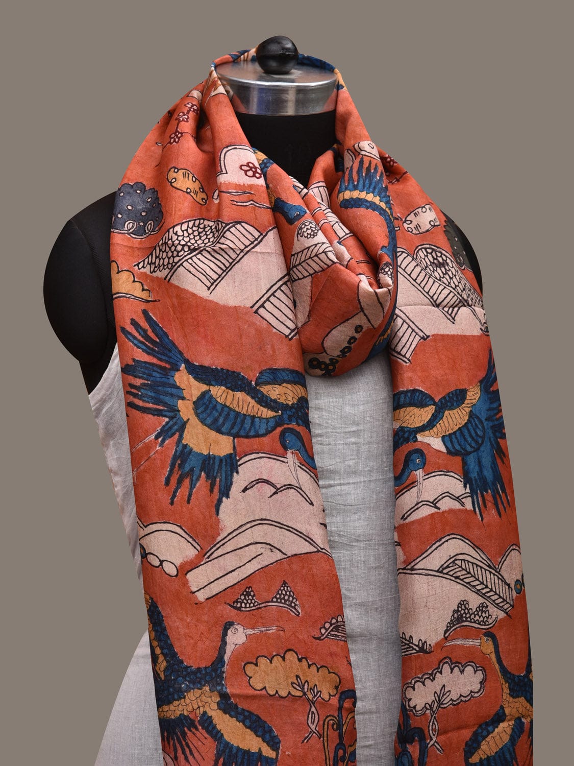 Red Kalamkari Hand Painted Kanchipuram Silk Handloom Dupatta with Birds and Hills Design ds2787