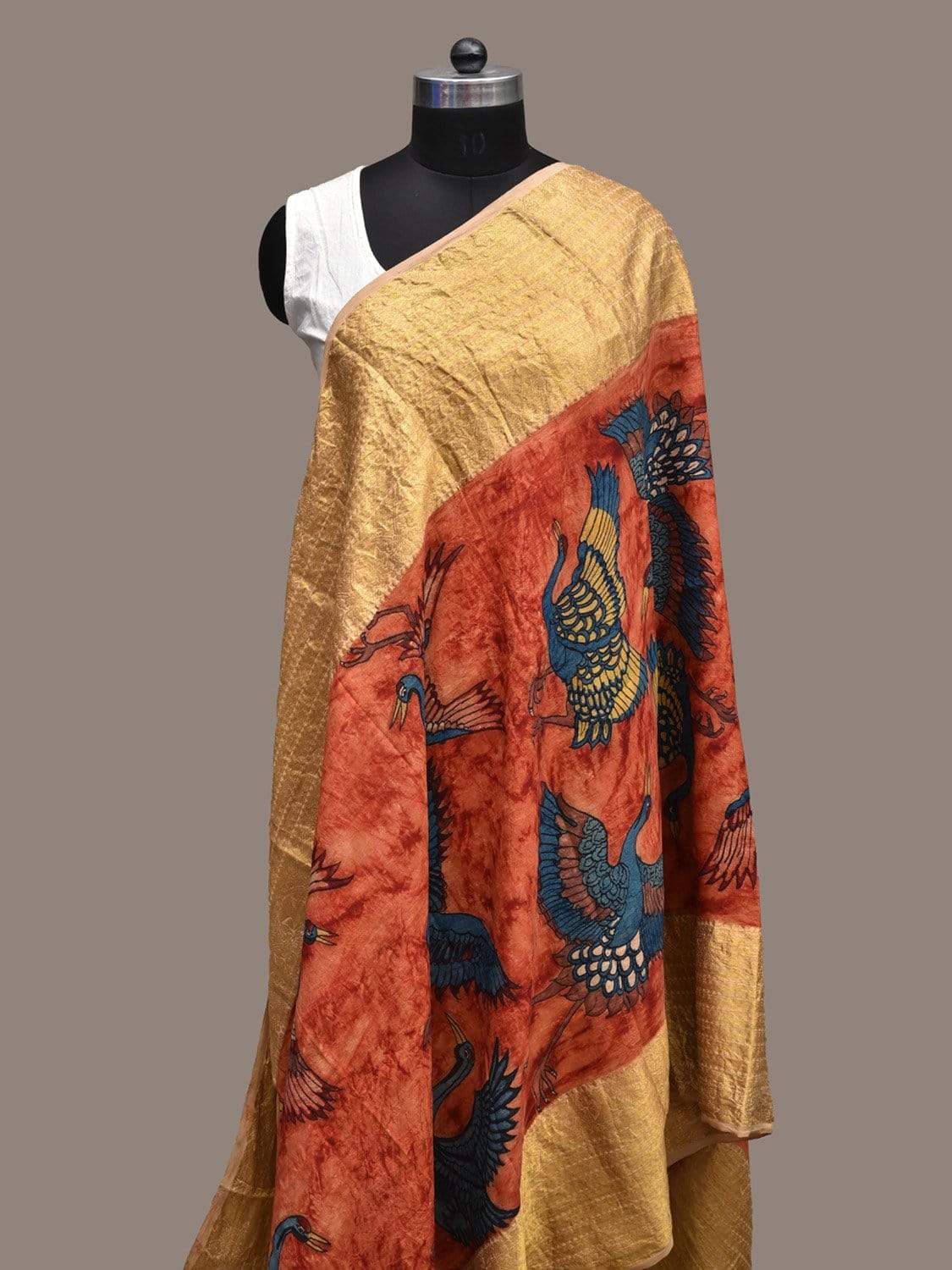 Red Kalamkari Hand Painted Kanchipuram Silk Handloom Dupatta with Birds Design ds2233