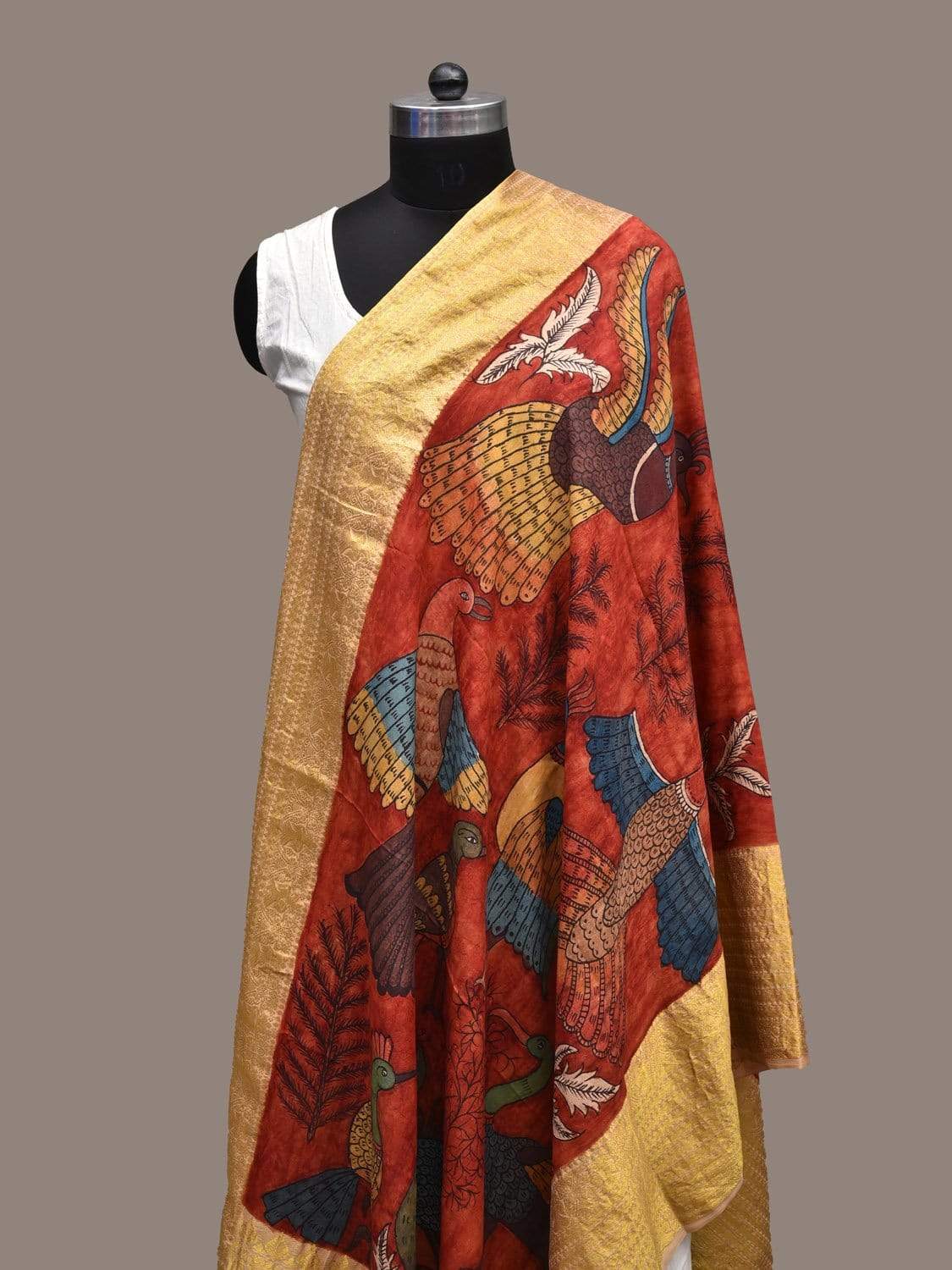 Red Kalamkari Hand Painted Kanchipuram Silk Handloom Dupatta with Birds Design ds2237