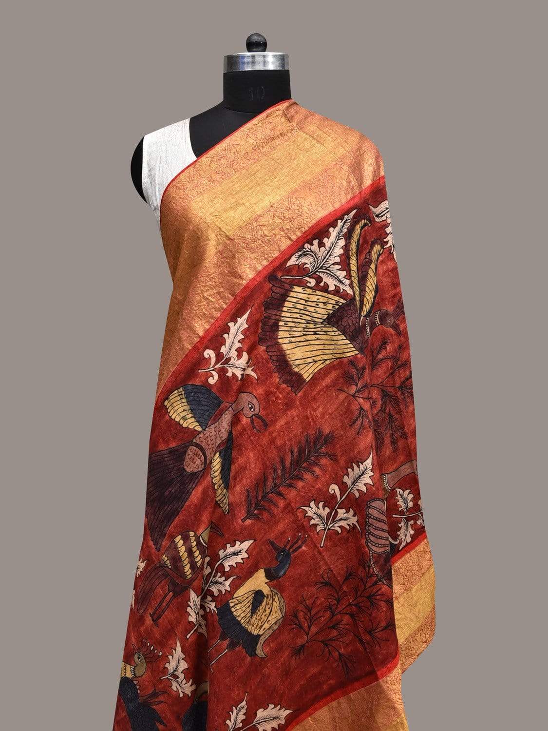 Red Kalamkari Hand Painted Kanchipuram Silk Handloom Dupatta with Birds Design ds2360