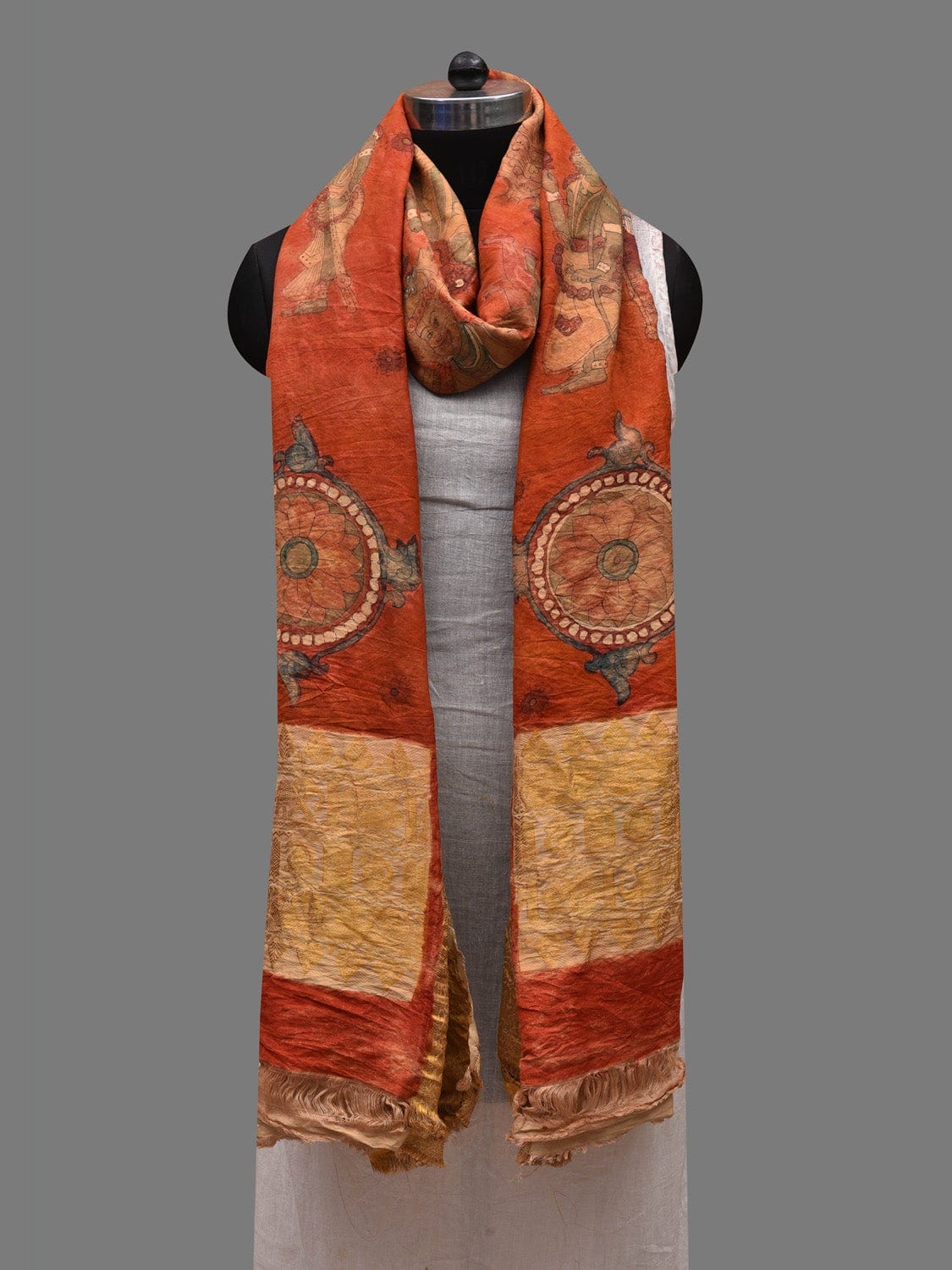 Red Kalamkari Hand Painted Kanchipuram Silk Handloom Dupatta with Dashavatar Design ds2616
