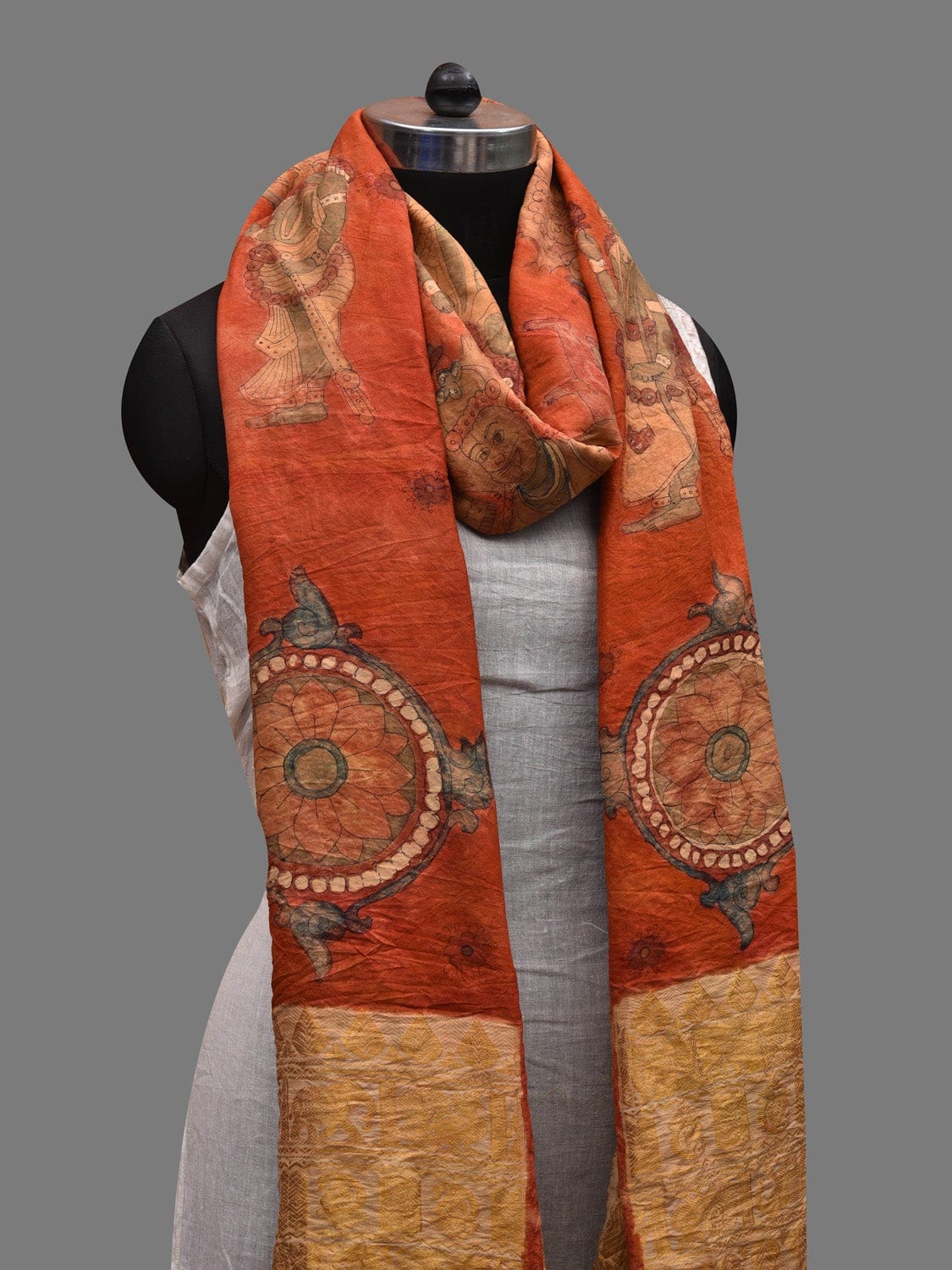 Red Kalamkari Hand Painted Kanchipuram Silk Handloom Dupatta with Dashavatar Design ds2616