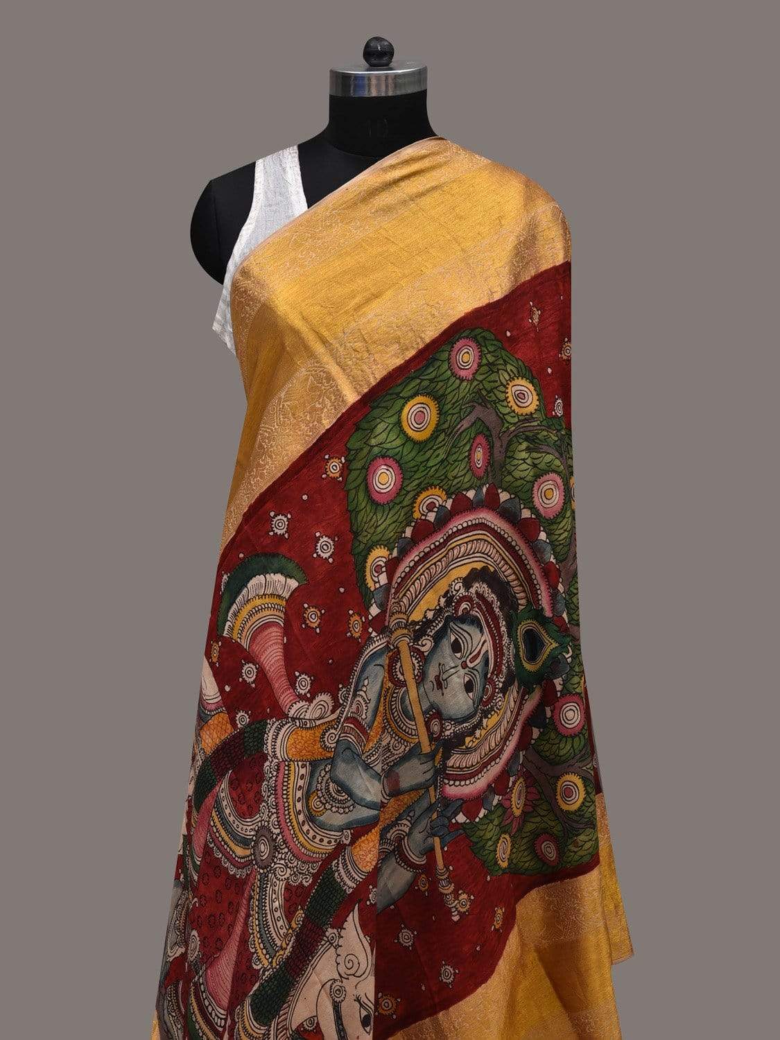 Red Kalamkari Hand Painted Kanchipuram Silk Handloom Dupatta with Krishna Design ds2510