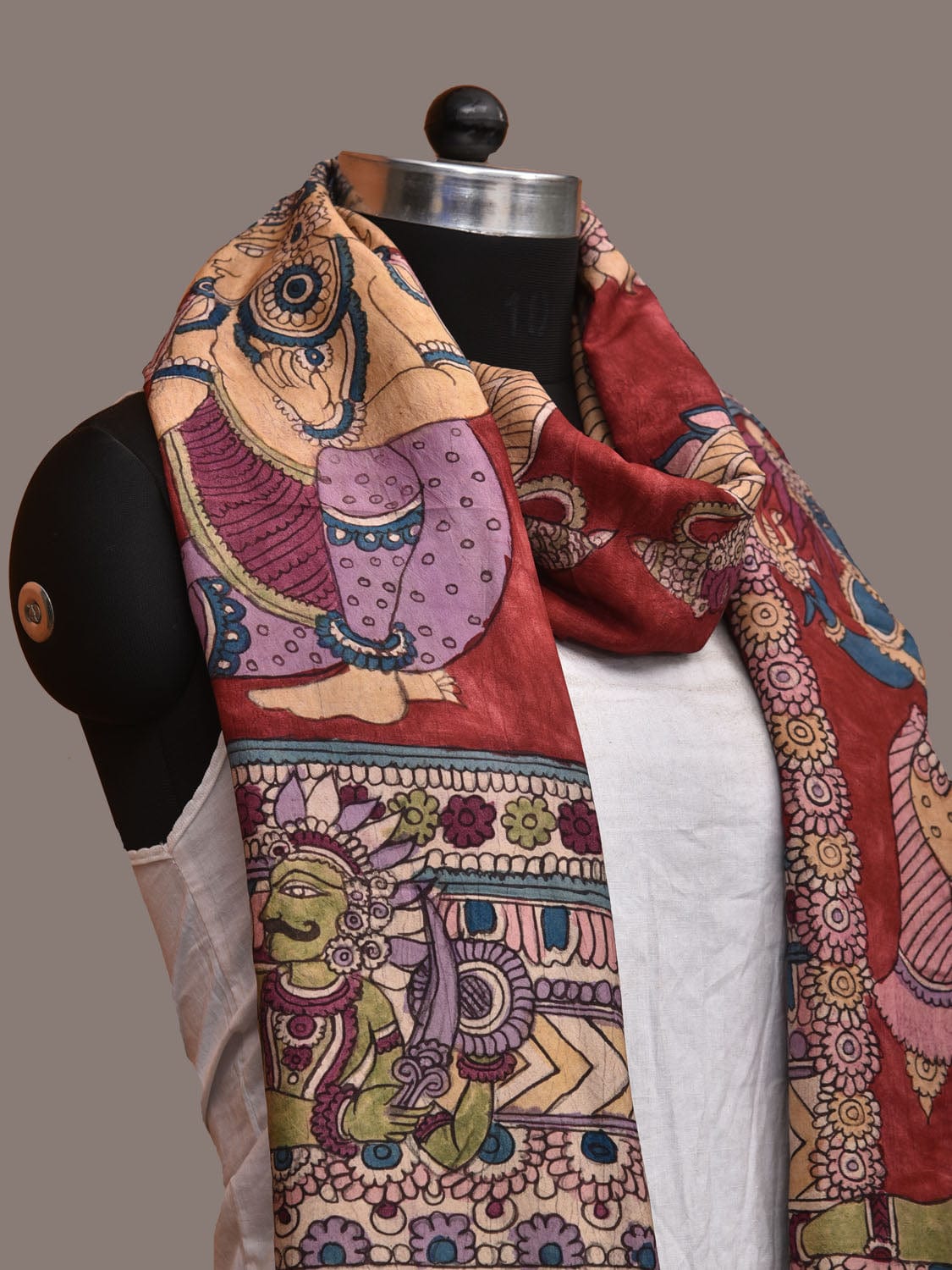 Red Kalamkari Hand Painted Kanchipuram Silk Handloom Dupatta with Krishna Design ds3186