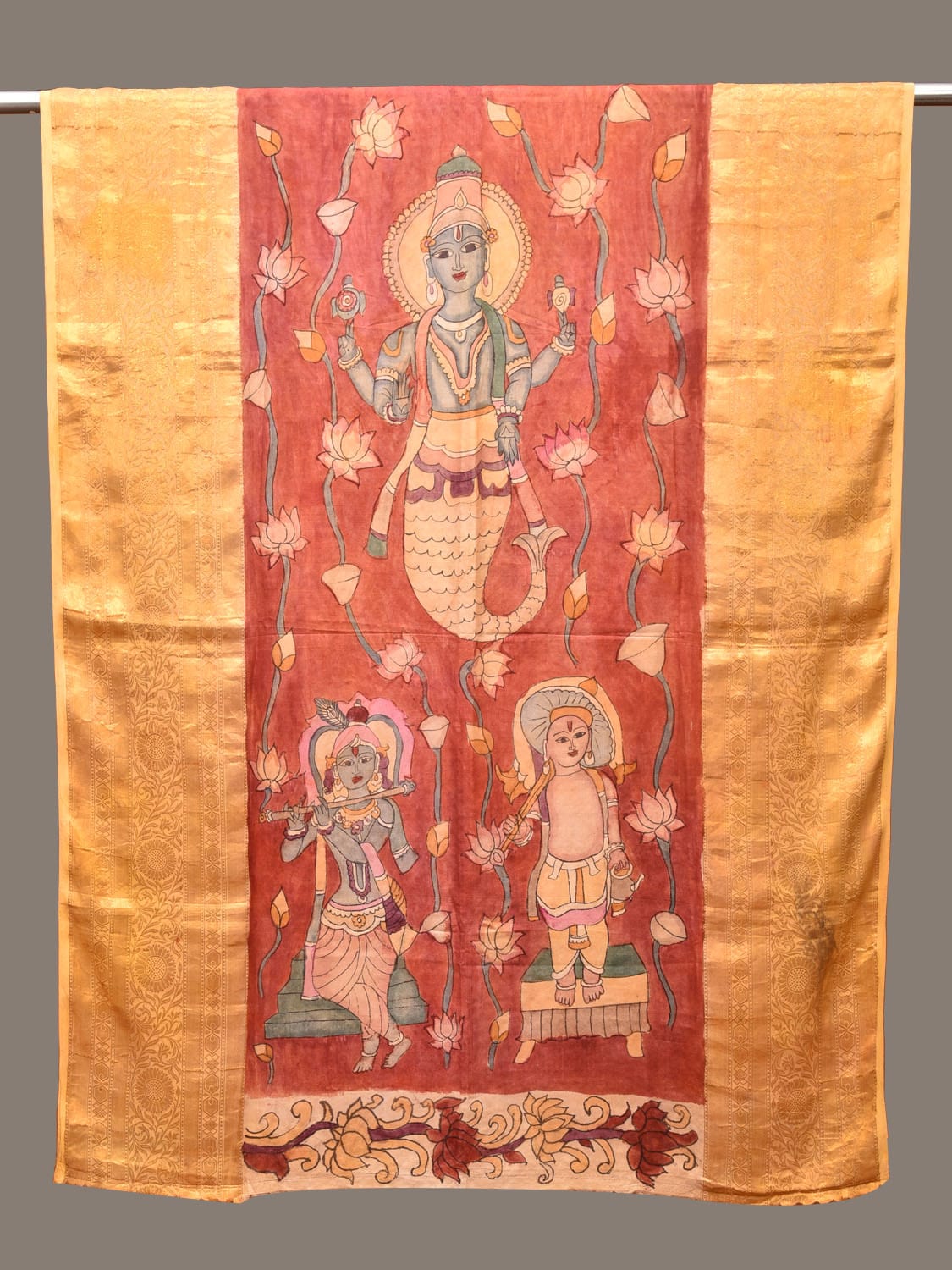 Red Kalamkari Hand Painted Kanchipuram Silk Handloom Dupatta with Lotus and God Design ds3243