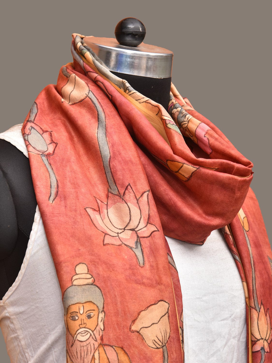 Red Kalamkari Hand Painted Kanchipuram Silk Handloom Dupatta with Lotus and God Design ds3243