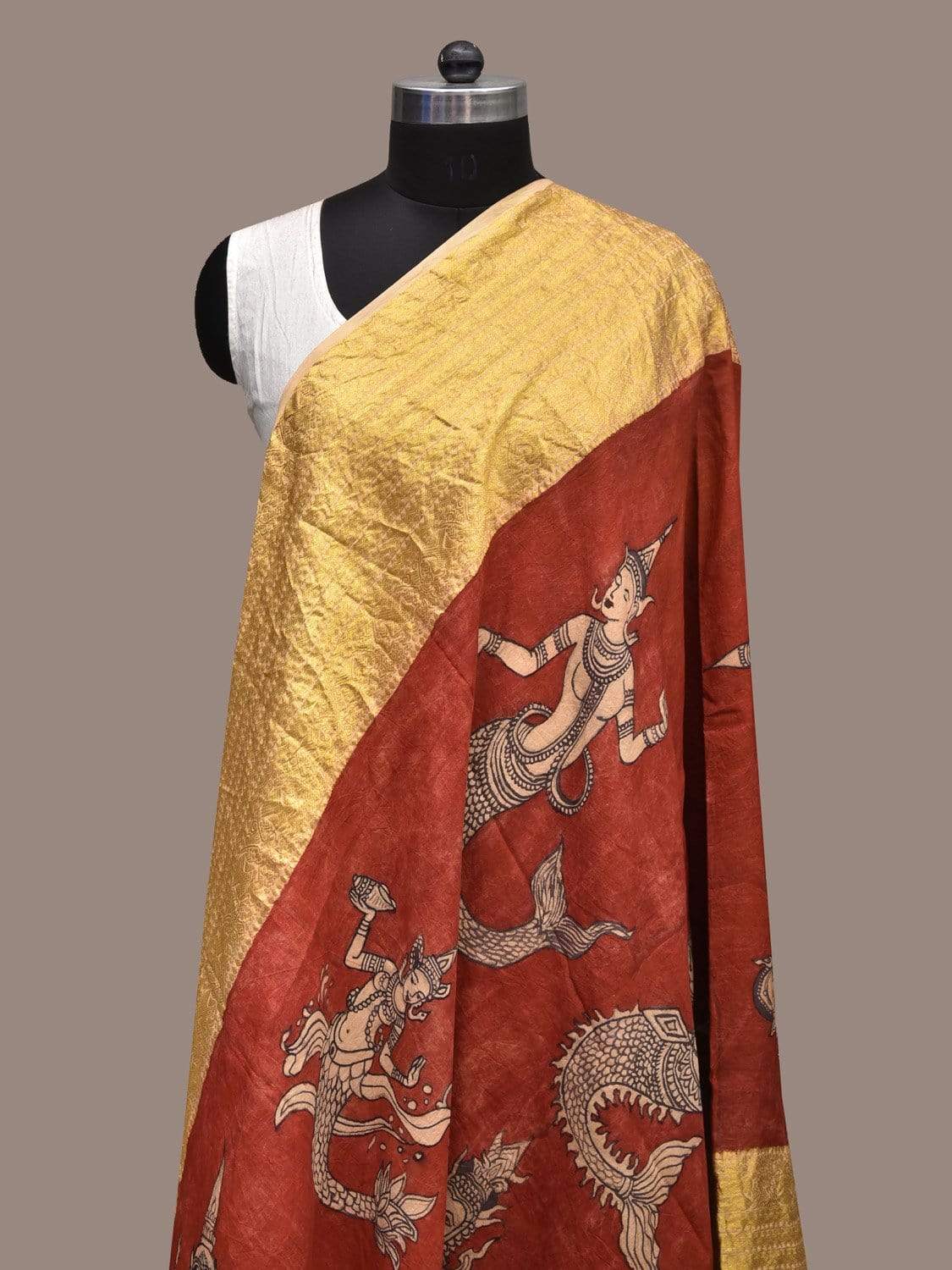 Red Kalamkari Hand Painted Kanchipuram Silk Handloom Dupatta with Mermaids Design ds2272