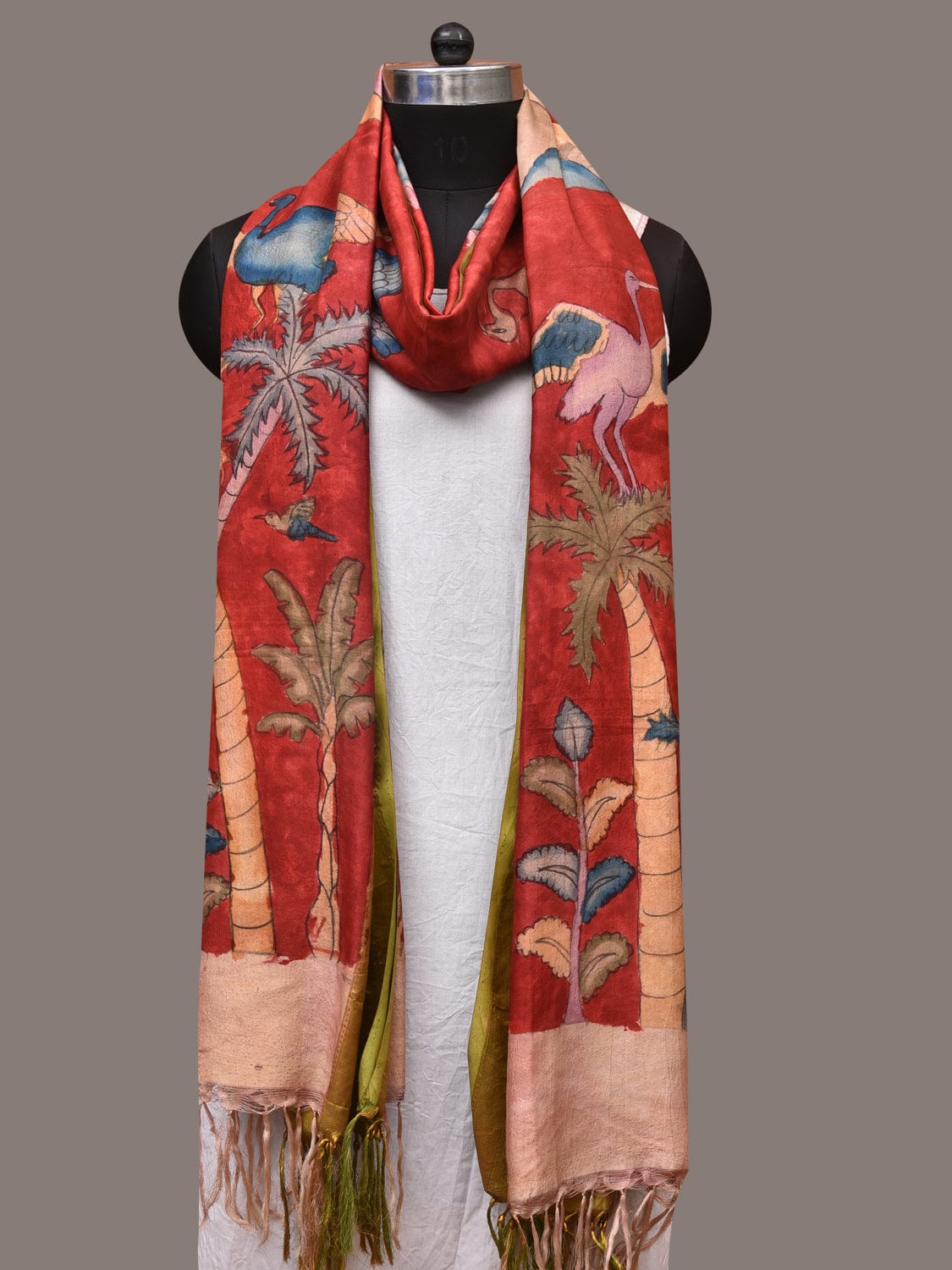Red Kalamkari Hand Painted Kanchipuram Silk Handloom Dupatta with Mountains and Birds Design ds3488